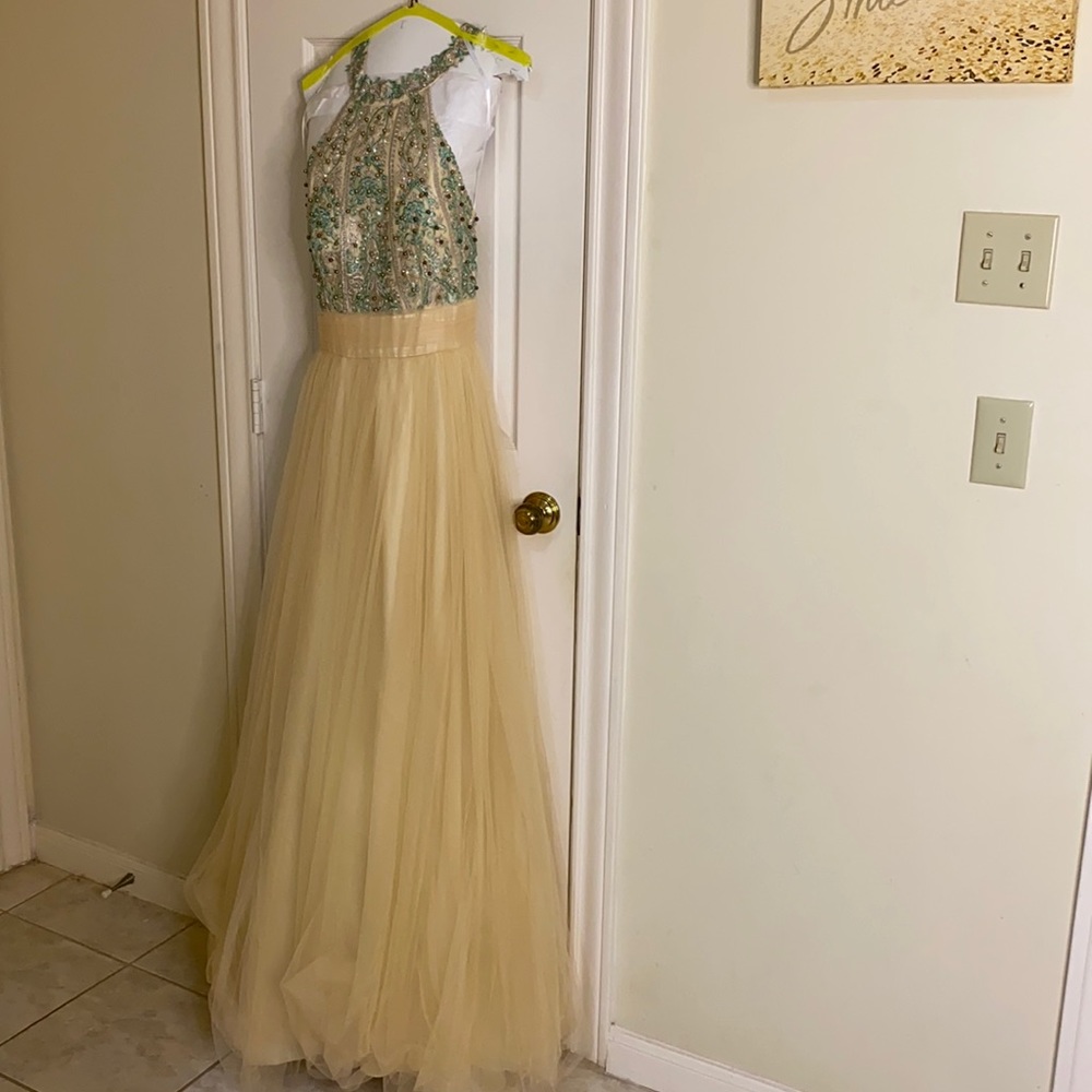 Halter cream and seafoam green formal dress.